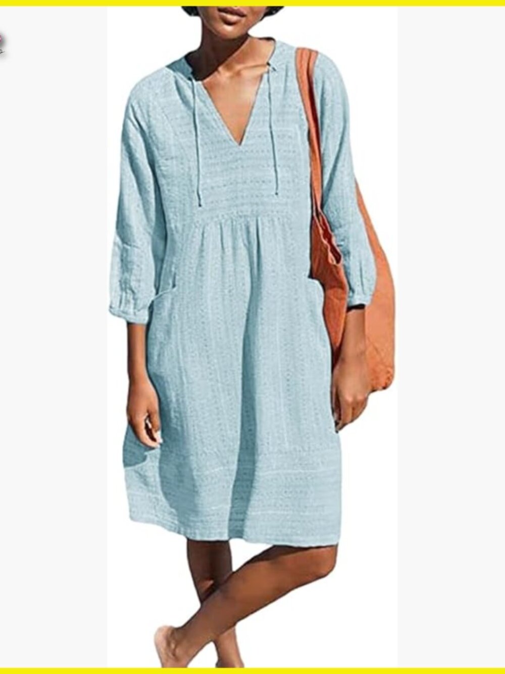 V-Neck Cotton Tunic Dress Loose Shift Smock Casual Summer Vacation Wear